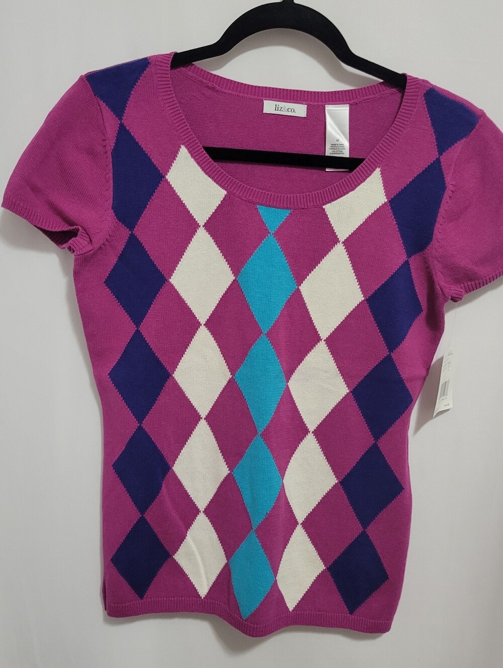 Liz & Co Y2K Magenta /Navy/White & Teal Arcyle Short Sleeve Sweater, Size M NEW